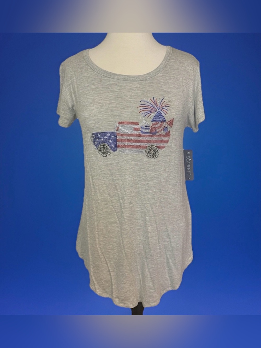 Scarlett NWT Patriotic Rhinestone T-Shirt M Grey American Flag Truck 4th of July